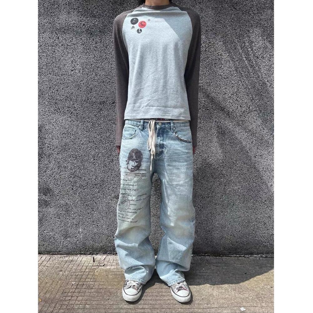 Vintage Printed Blue Baggy Denim Jeans